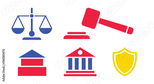 A collection of stylized icons representing legal concepts including the scales of justice, a judge's gavel, courthouse buildings, and a shield for protection.