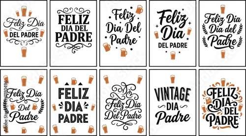 Vintage Feliz Dia del Padre typography set, 10 Spanish Father's Day greeting cards with beer icons, retro lettering for dad celebration