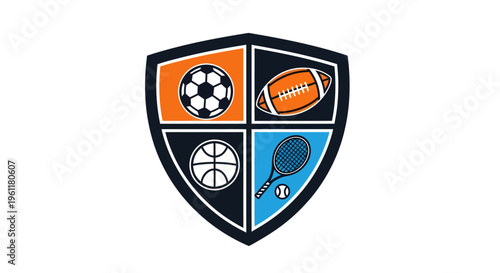 Sports Emblem Featuring Soccer, Football, Basketball, and Tennis.