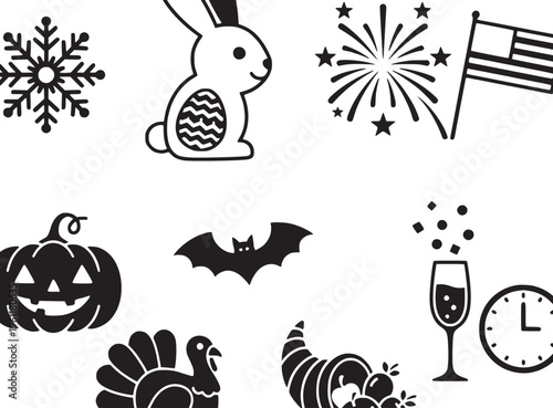 Black and white halloween icons set.