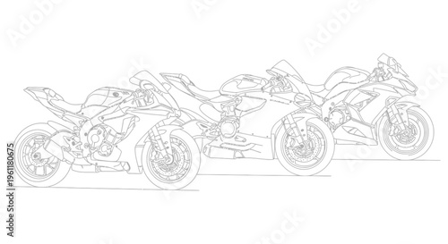 Three distinct high performance sport motorcycle outlines presented side view isolated against a white background for coloring or design projects.