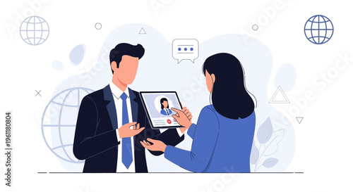 Business people video conferencing on tablet, global communication, online meeting