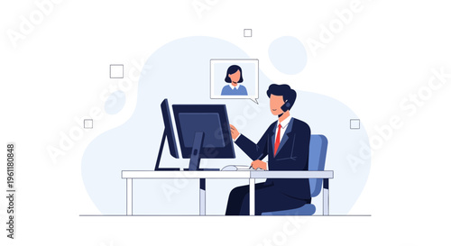 Customer service agent with headset working on computer, video call with client