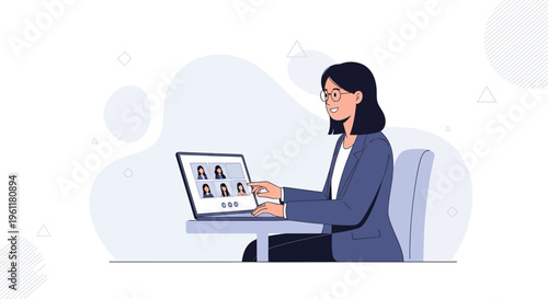 Woman in business suit attending online meeting on laptop, remote work concept