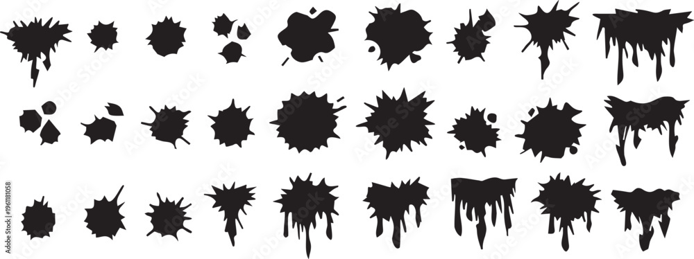 Fototapeta premium Aggressive Chaotic Ink Splatter & Messy Silhouette Set.