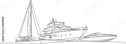 A captivating single continuous line drawing showcases three distinct marine vessels including a magnificent luxury yacht, a classic sailboat, and a sleek modern speedboat, floating gracefully.