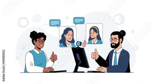 Teamwork video call: Diverse colleagues collaborating online with thumbs up