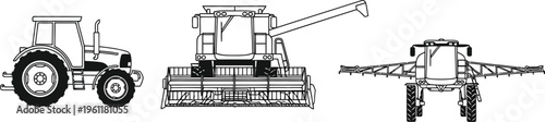 Collection of modern agricultural vehicles outlining essential farming machinery including a tractor, combine harvester, and crop sprayer, illustrating modern farm equipment technology.