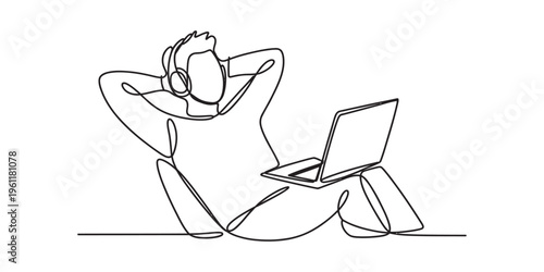 relaxed man with laptop and headphones line art