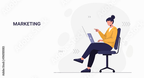 Marketing concept: woman working on laptop in modern office, pointing at screen