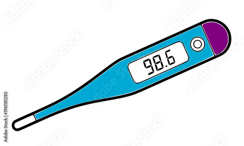 Colorful digital thermometer displaying 98.6 degrees Fahrenheit normal body temperature, ideal for medical, healthcare, and fever measurement concepts in flat style illustration