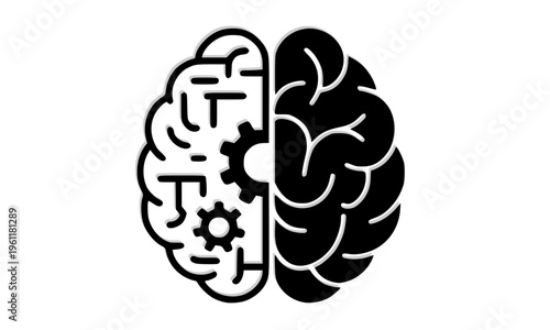 Human brain icon split into two halves showing left logical mechanical gear side and right creative neural side, symbolizing artificial intelligence and cognitive thinking concept