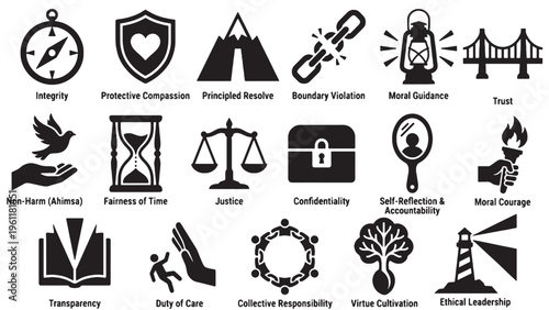 Ethics and Moral Values Icon Set for Integrity, Justice, Leadership, and Principled Decision Making Concept Design