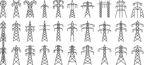 Diverse Power Transmission Towers, Electrical Infrastructure, Energy Supply, Utility Network, Engineering Designs, Grid Structures