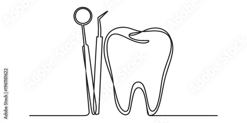 Dental care line art, tooth and tools on white