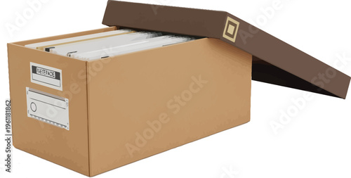 An open cardboard archive box filled with hanging file folders sits ready for storage or retrieval of important paper records.