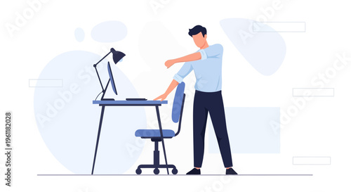 Man stretching at office desk, work break, healthy lifestyle, ergonomic workspace