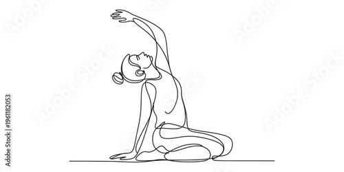 woman in seated yoga pose with arm raised