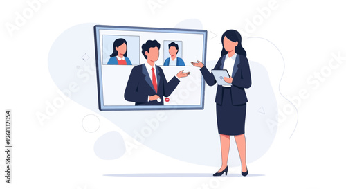 Business meeting online, woman presenting to colleagues on video conference screen