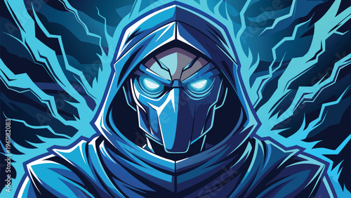 Mysterious cloaked figure emerging from an ethereal blue aura of cosmic energy