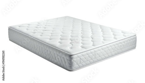 Isolated medium-firm mattress on black. White quilted top, stitched sides, clean, modern design