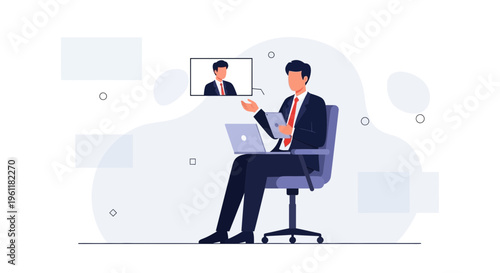 Businessman in video conference call on laptop, remote work, online meeting