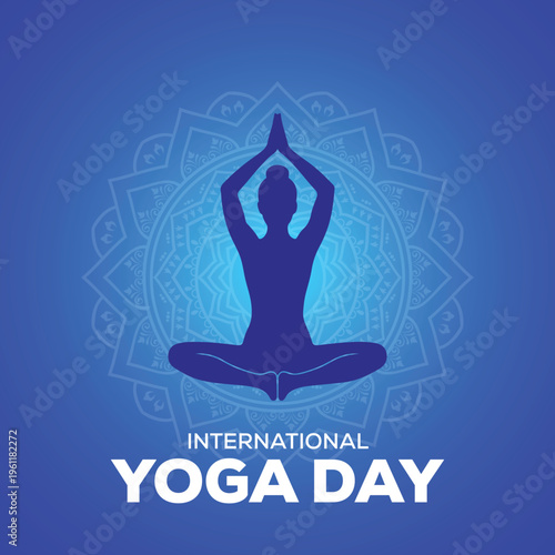 Meditation silhouette with raised hands and namaste gesture for international yoga day with blue gradient mandala background