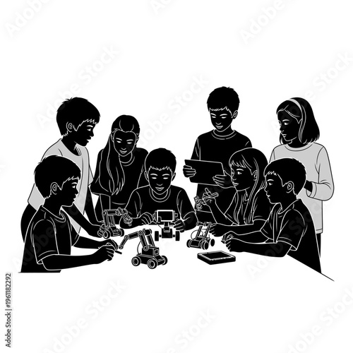 Diverse group of children working together.