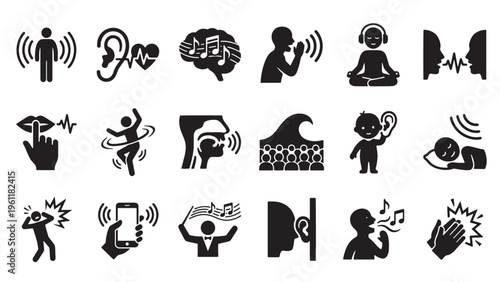Human Sound and Sensory Experience Icon Set for Hearing, Communication, Music, and Audio Awareness Design