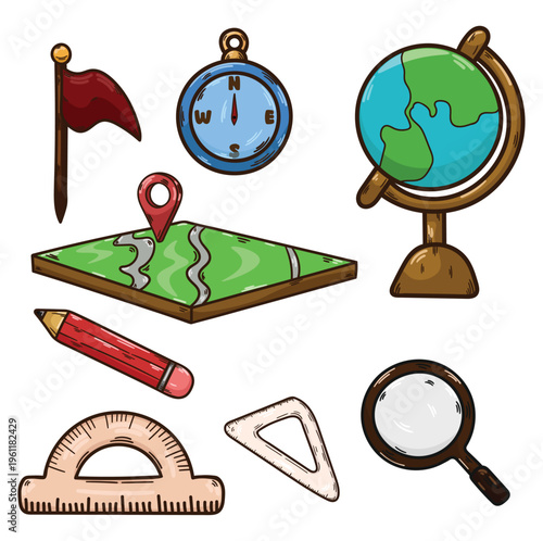 Geography stuff world map globe flag pencil magnifying glasses measuring tools world lesson