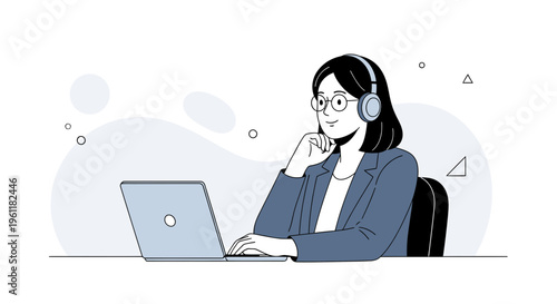 Woman with Headphones Working on Laptop, Online Learning, Remote Work, Business Woman