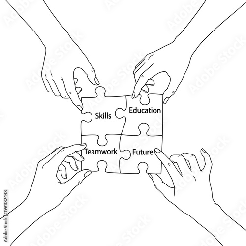 Four hands putting together puzzle pieces.