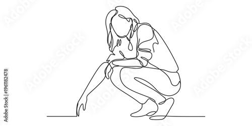 Continuous line drawing of a woman crouching