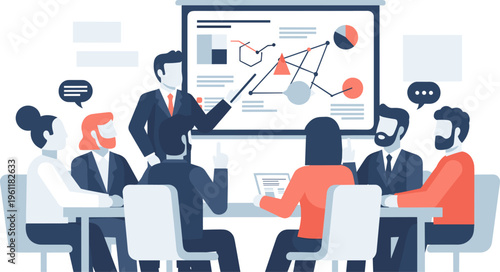 Business team meeting in minimalist flat design with muted colors for corporate presentations