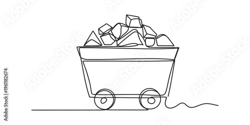Continuous line drawing of a mining cart filled with gold nuggets