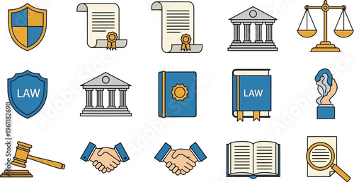 A comprehensive set of colorful flat icons represents various concepts related to law, justice, and legal proceedings.