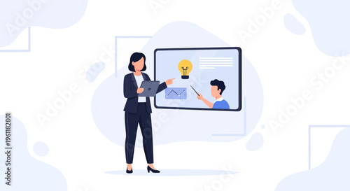 Businesswoman presenting online course with digital whiteboard and lightbulb idea icon