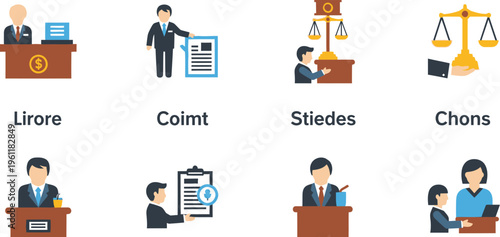 A set of diverse flat icons depicts various legal and business transactions involving people at desks and document handling.