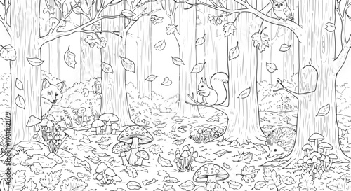 Whimsical forest scene with forest creatures and mushrooms in a sketch style isolated on white background, Vector
