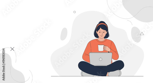 Young woman working on laptop, drinking coffee, sitting cross-legged, minimalist background