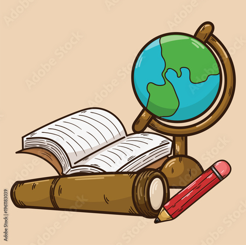 Geography lesson illustration globe book binoculars and pencil school lesson