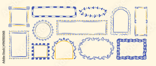 Set of mediterranean hand drawn crayon frames. Italy, Amalfy, Positano La Dolce vita style borders. Greek key pattern, sea wave Poseidon motif, mosaic ornament boarders. Postage stamp and postcard