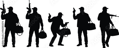 Silhouette, vector, of, tactical, men, holding, weapons, and, duffel, bags, set, of, armed, criminals, or, mercenaries, in, various, action, poses, isolated, on, white.