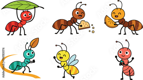 Cute cartoon ants collection with different activities carrying food leaf and fruits colorful insect characters vector illustration