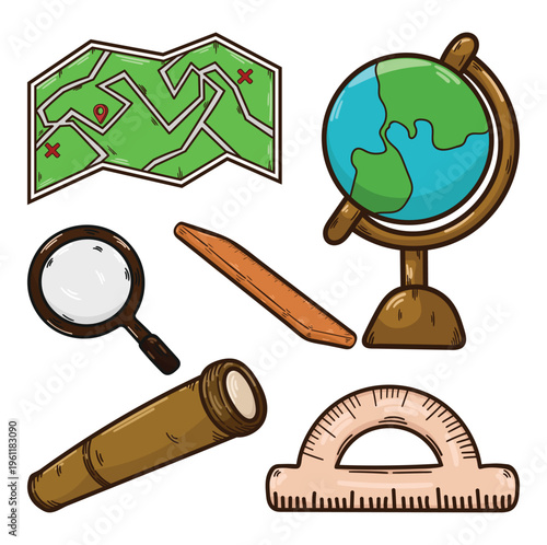 Lessons about geography maps globes binoculars magnifying glasses school lessons students
