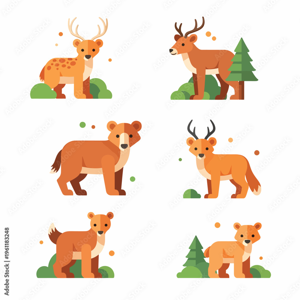 Fototapeta premium Cartoon deer and fawn illustrations set.