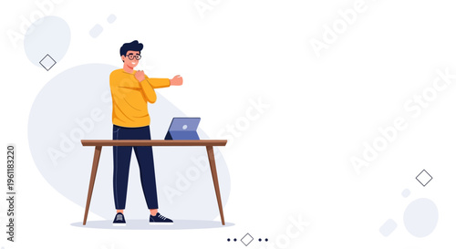 Man stretching arms at desk with laptop, healthy work break, home office illustration