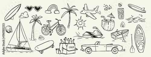 Summer travel transport doodle set with airplane, yacht, car, bicycle and beach mobility elements. Perfect for vacation travel design, tourism graphics and summer journey concepts.