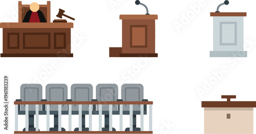 Judge presiding over a courtroom from the bench, ready to issue a ruling with a gavel resting beside the microphone podiums.