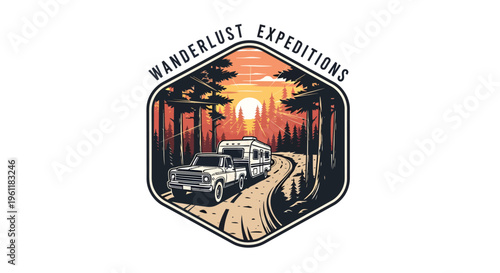 Vintage pickup truck towing a travel trailer on a winding road through a forest at sunset.